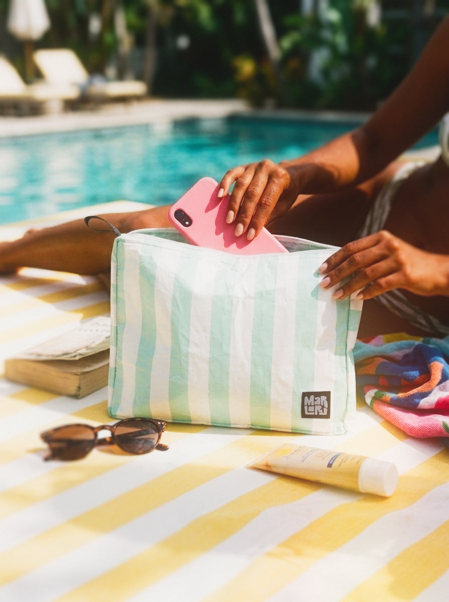 Seafoam Cabana Mid Pouch by Marloru, a splash-friendly 11 x 8.5 inch zip pouch