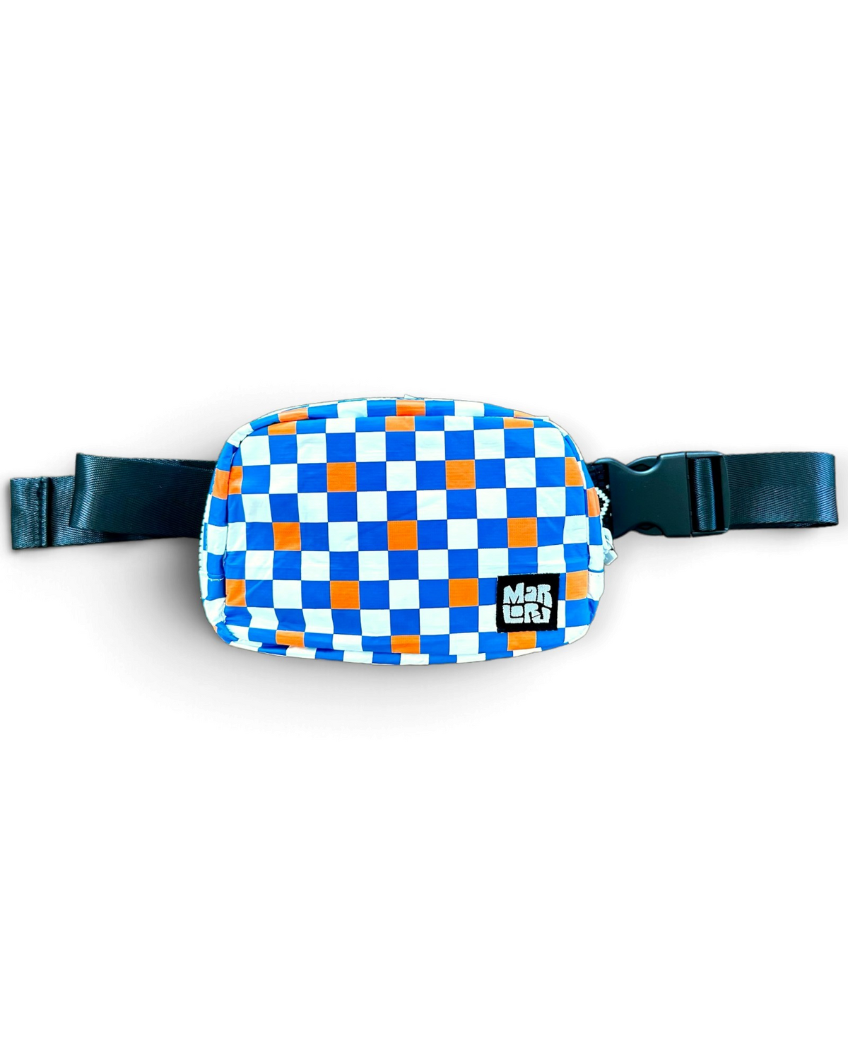 Marloru Block Party Essentials Sling in a blue and orange checkered splash-friendly material with an adjustable strap.
