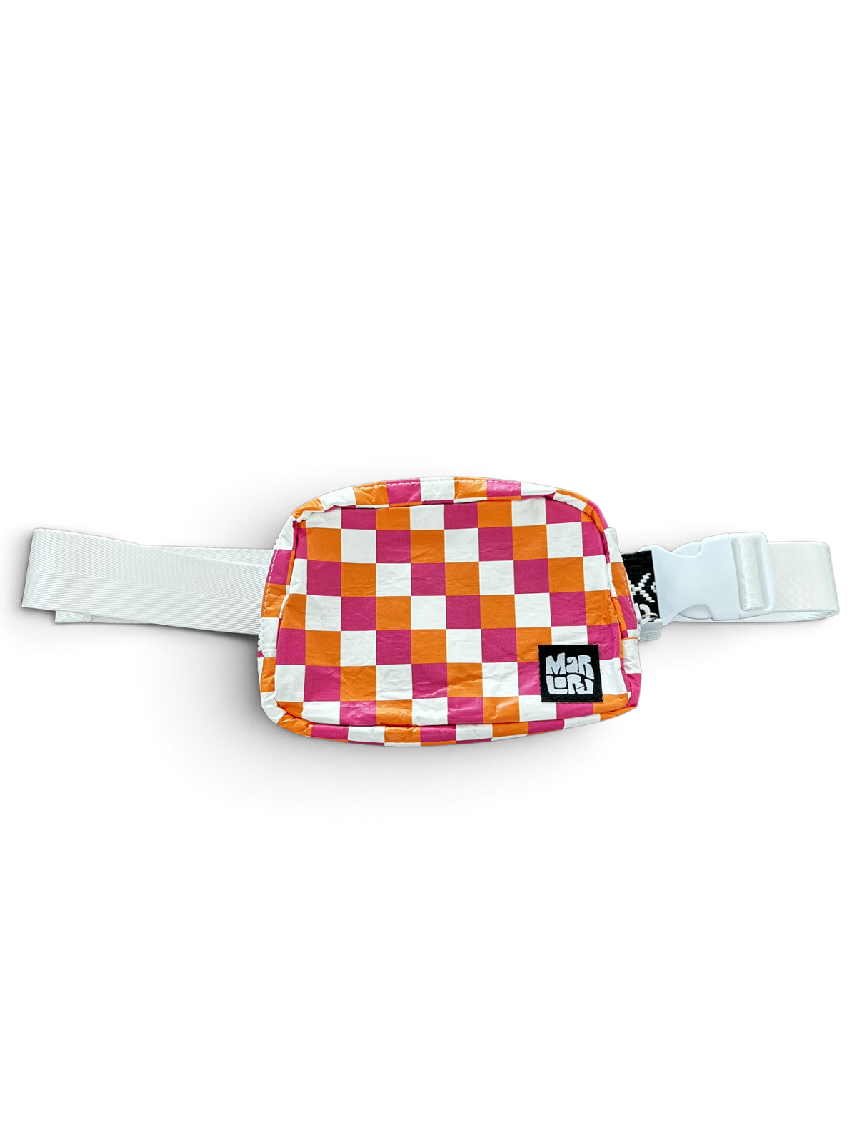 Block Party Magenta Essentials Sling by Marloru, a checkered crossbody belt bag shown on white