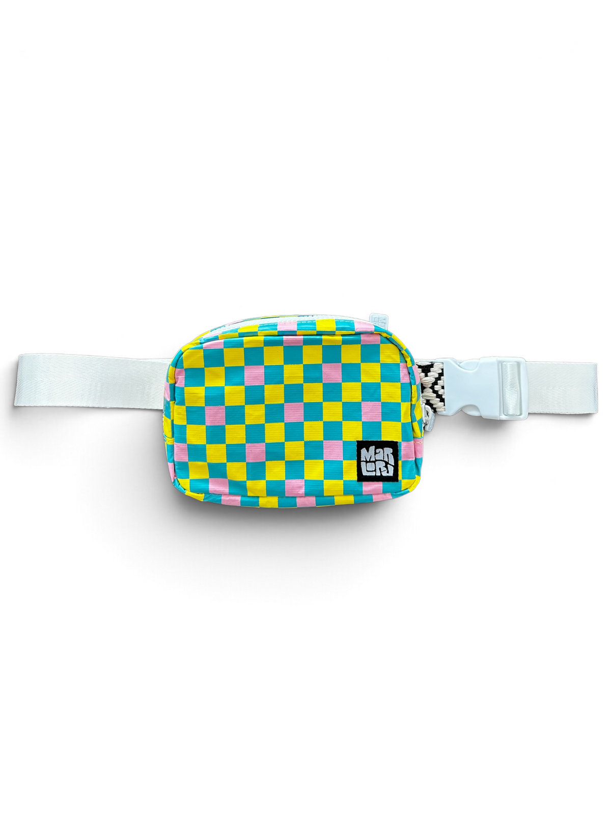 Block Party Yellow Essentials Sling by Marloru, a checkered crossbody belt bag shown on white