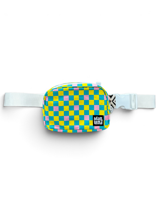 Block Party Yellow Essentials Sling by Marloru, a checkered crossbody belt bag shown on white