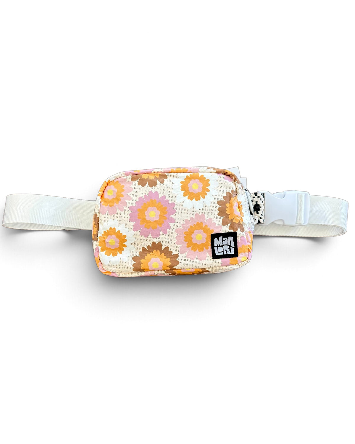 Lulu Essentials Sling by Marloru, a floral water-resistant crossbody belt bag shown on white