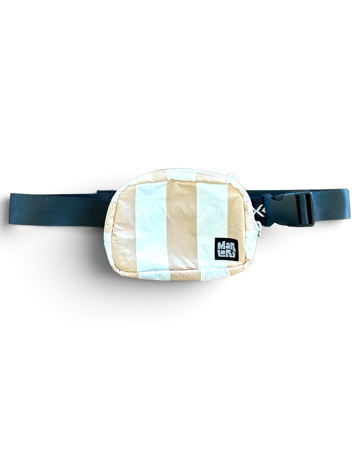 Sand Cabana Essentials Sling by Marloru, a sand striped crossbody belt bag shown on white