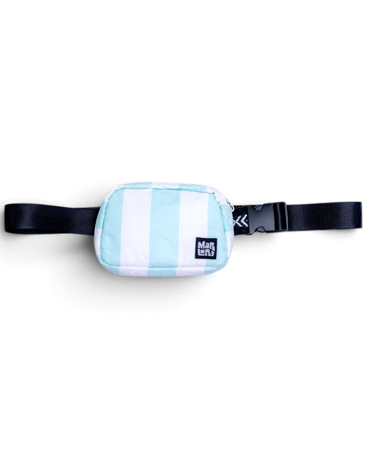 Seafoam Essentials Sling by Marloru, a seafoam striped crossbody belt bag shown on white