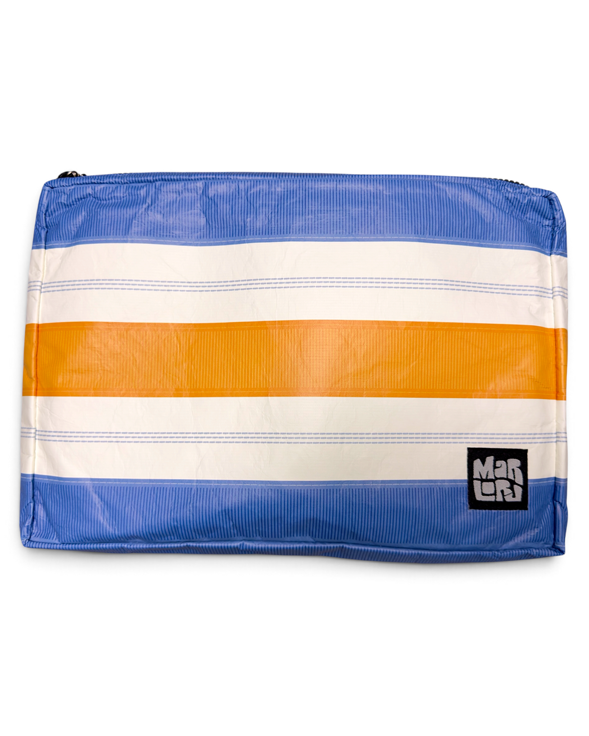 Schooner Mid Pouch by Marloru, an orange and blue splash-friendly zip pouch shown on white