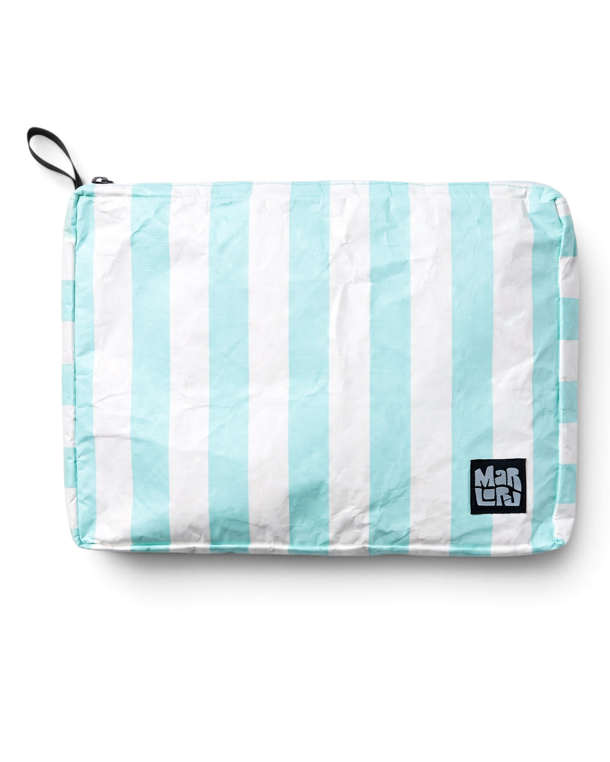 Seafoam Cabana Mid Pouch by Marloru, a seafoam striped splash-friendly zip pouch shown on white